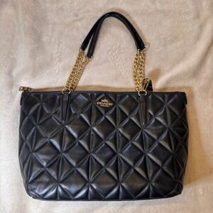 Coach Ava Chain Tote F36661 Black Quilted Leather Gold Chain Quiet Luxury